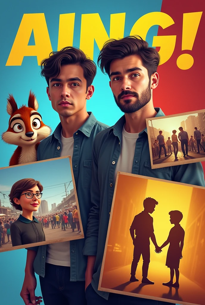 To create an AI image based on the one you provided, here's a detailed prompt you could use:

"Generate an image featuring two young men standing side by side, both looking directly at the viewer. The man on the left has short, dark brown hair and a neatly trimmed beard, while the man on the right has slightly longer, wavy black hair. They both wear casual attire with solid colors. Surrounding them are four smaller images, each showcasing different scenes: 1) A close-up of a cartoonish, anthropomorphic chipmunk character looking surprised, 2) A crowded street with a group of people, focusing on a middle-aged woman in the foreground, 3) A classroom setting with a focused young boy in a school uniform, and 4) A stylized silhouette of two figures performing a dance, with a yellow-orange color scheme. The text 'AI IMAGE' is prominently displayed at the top in bold, yellow letters, with a gradient background transitioning from blue to red."

This prompt captures the key elements and layout of the image you provided.