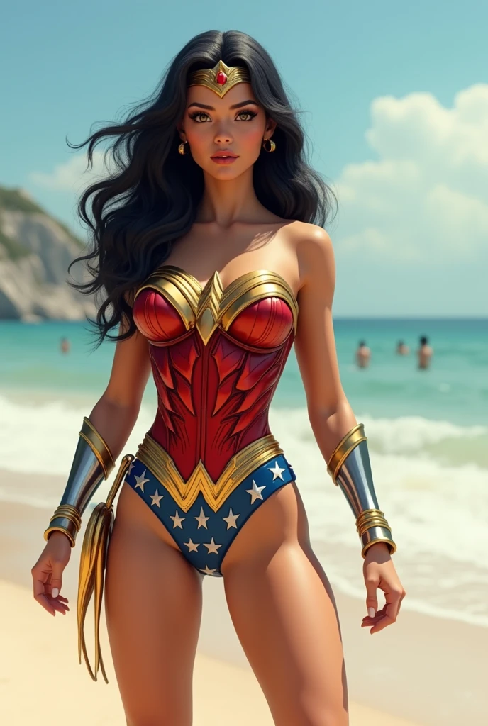 Wonder Woman in a bathing suit , photorealistic, standing, arms up, spread arms