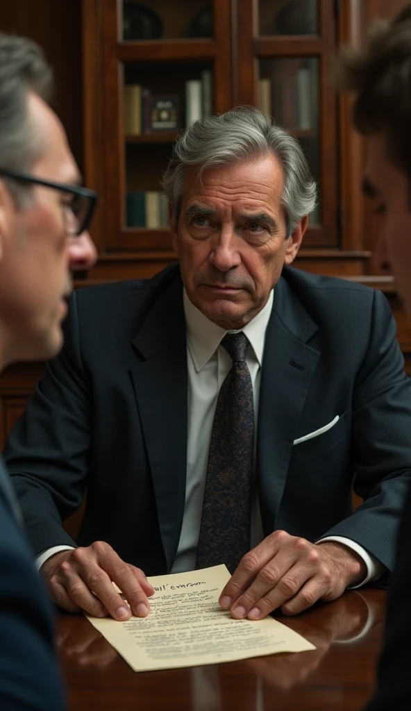 Mr. Harris is a man in his mid-50s, impeccably dressed in expensive tailored suits. He has graying hair neatly combed back, and his face shows signs of a life of comfort, with soft skin and a well-groomed beard. He often appears polished, with a sense of pride and success. Detail the moment when Mr. Harris finds the note left by Mr. John. Include the contents of the note, emphasizing the contrast between Mr. John’s struggle and Mr. Harris’s broken promise.