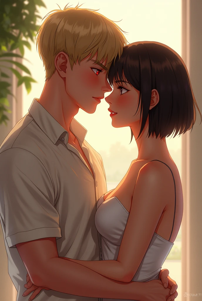 A guy and girl hugging each other, guy with blonde hair a clean shave and red eyes with a light skin tone AND the girl with short black brown hair, slightly dark skin tone and black eyes make it a little more realistic and the girl skin tone should be a little darker 