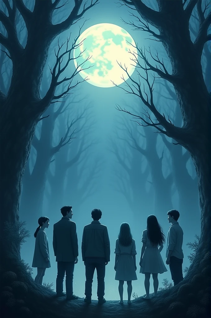 Create me an image of 6 people standing under the full moon and a dark forest in the background