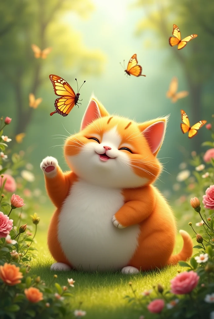 An orange and white cat,Very fat and cute,Sitting in the garden,Happy catching butterflies。
