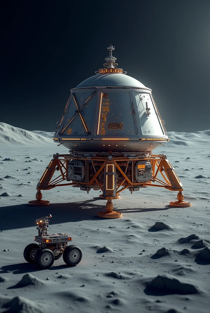 A indian vikram lander on lunar surface with futuristic tools and glowing and detiled lander with a rover 