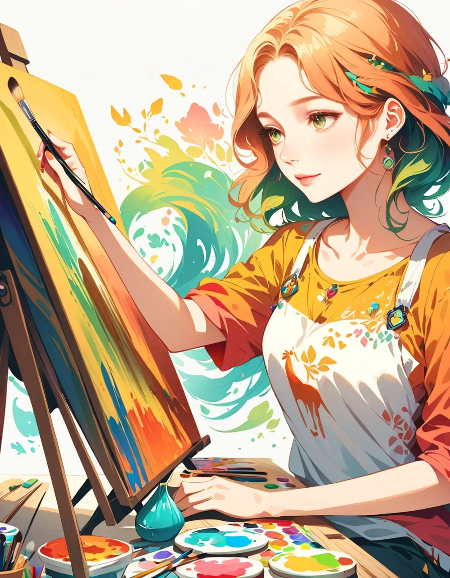 Girl, engaged in creating art. She is either painting on a canvas, her expression one of focus and creativity. The setting is an art studio or a home workspace, filled with art supplies like paints, brushes. Girl's outfit is casual, in her favorite colors of white. This scene showcases her artistic talents and her enjoyment in expressing herself through various art forms.