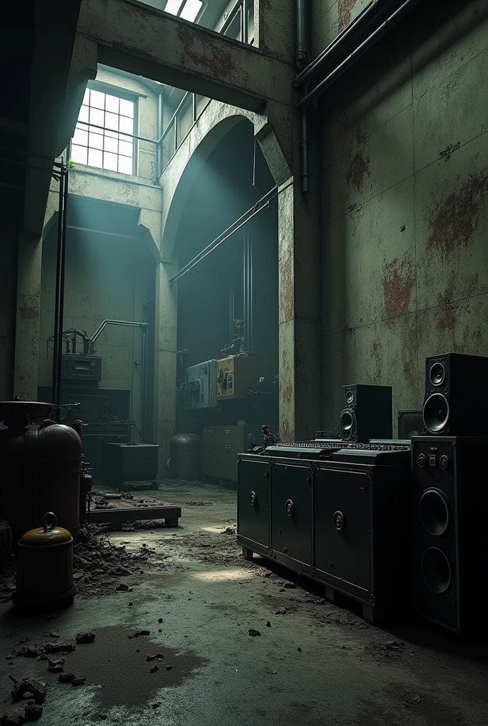Realistic image with a dark appearance with a scene of an abandoned factory with speakers, headphones, DJ setup in the corner and with the environment more in evidence