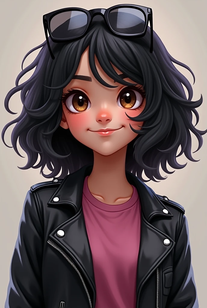 Cute teenage girl with large brown eyes and frizzy jet black hair with a smirk wearing black sunglasses a dark pink t shirt and black leather jacket