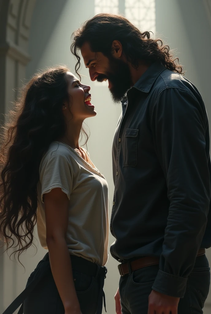  with long wavy hair yelling at tall dark-haired father
