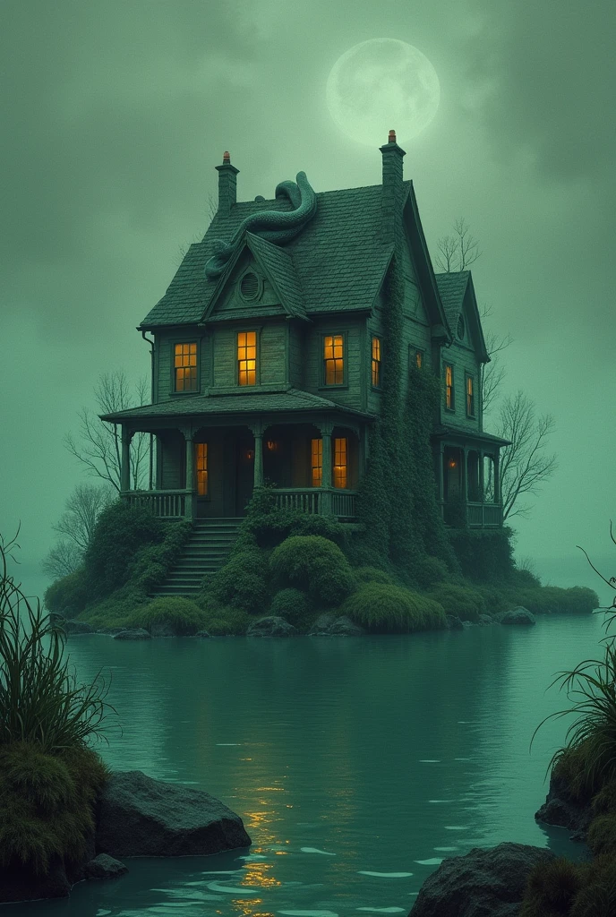 A story book cover written "NO ROOMS FOR HUMAN" having haunted one roof house with snake on upper roof + green leaves on building wall and ghosts inside the house. The house being in middle of the water source.