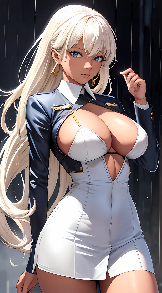 (best quality:1.5, highres, UHD, 4K, detailed lighting, shaders), white and yellow haired, gradient hair, large breasts, suit, gray shirt, social shirt, short skirt, mature woman , (pov), white background, colorful eyeshadow, dramatic lighting, sparkling eyes, sensual expression, golden earrings, flowing hair, delicate facial features, dark skin, high cheekbones, raining, urban setting, white background, dont look for the camera, lean forward, wet  by the rain.