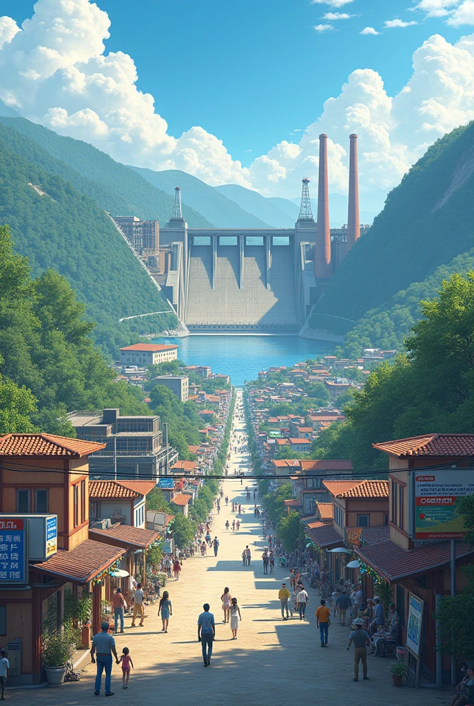 Make a representative image of the economic impacts caused by a hydroelectric plant in the region