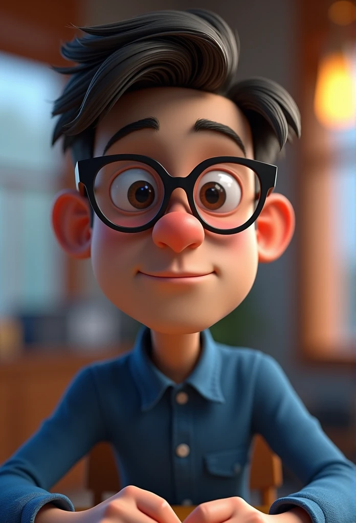 Cartoon character of a man in black glasses and blue shirt, an animated character, stylized character, animation style rendering, 3d stylized, Arnold Maya rendering, Stylized 3D rendering, toon render screenshot, 3d character, 3d character, Stylized 3D rendering, 3D character rendering, cartoon character, Personagem de close up, character posing, (Pixar-style) (master part:1.2) (bokeh) (best qualityer) (skin detailed) (detailed texture) (8k) (Argilla) (cinematic lighting) (sharp focus，Sit down and lift your upper body