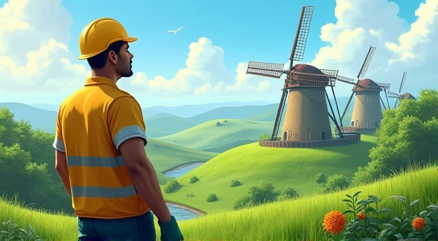 Man with yellow vest and yellow helmet looking ahead at a green hill with trees with watermills



