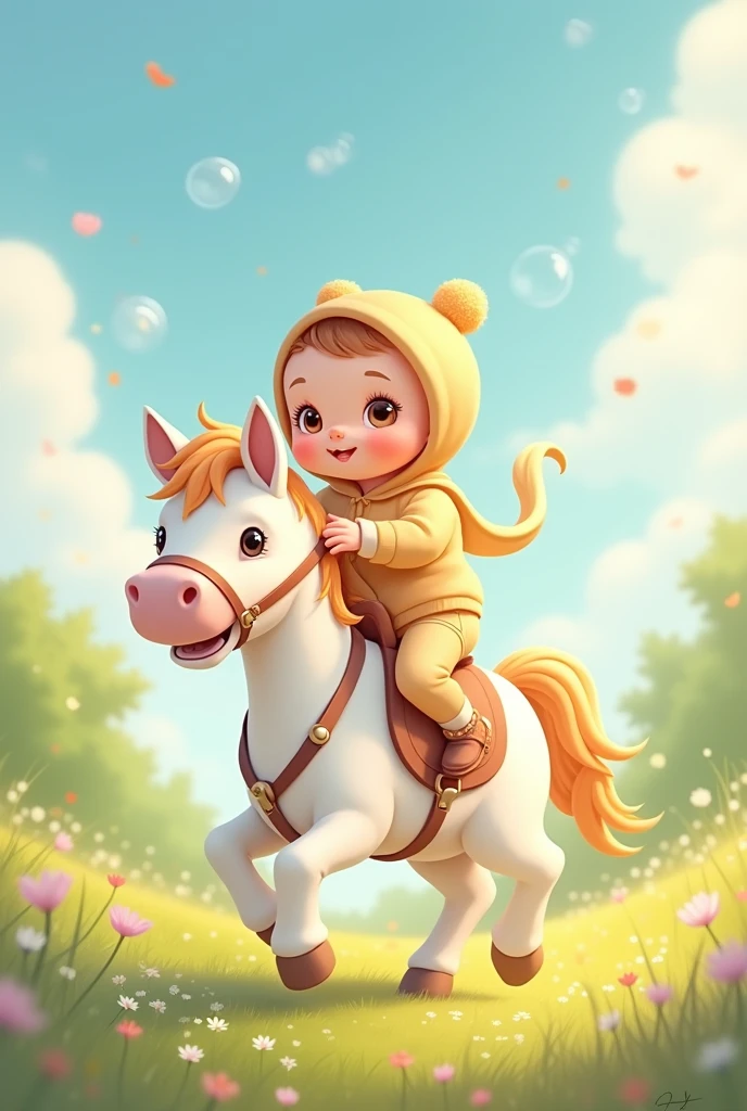 Create an illustration of a cute baby boy riding a gentle horse, with the name "Vivinsudhan" elegantly placed above them. The scene should be bright and whimsical, with soft, cheerful colors and a touch of magical charm.