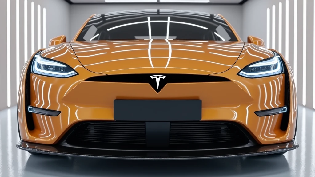 "A futuristic electric car with a sleek design in a bright golden-orange color, resembling a modern Tesla model, displayed prominently in a high-tech, minimalist showroom. The car features aggressive front headlights with LED accents, a smooth aerodynamic body with sharp lines, and a front grille that is subtle yet adds to the sporty appearance. The Tesla logo is prominently displayed on the hood. The environment is well-lit with white, vertical LED lights on the walls, creating a clean, sophisticated ambiance. The floor is polished and reflective, emphasizing the car's luxurious appearance."