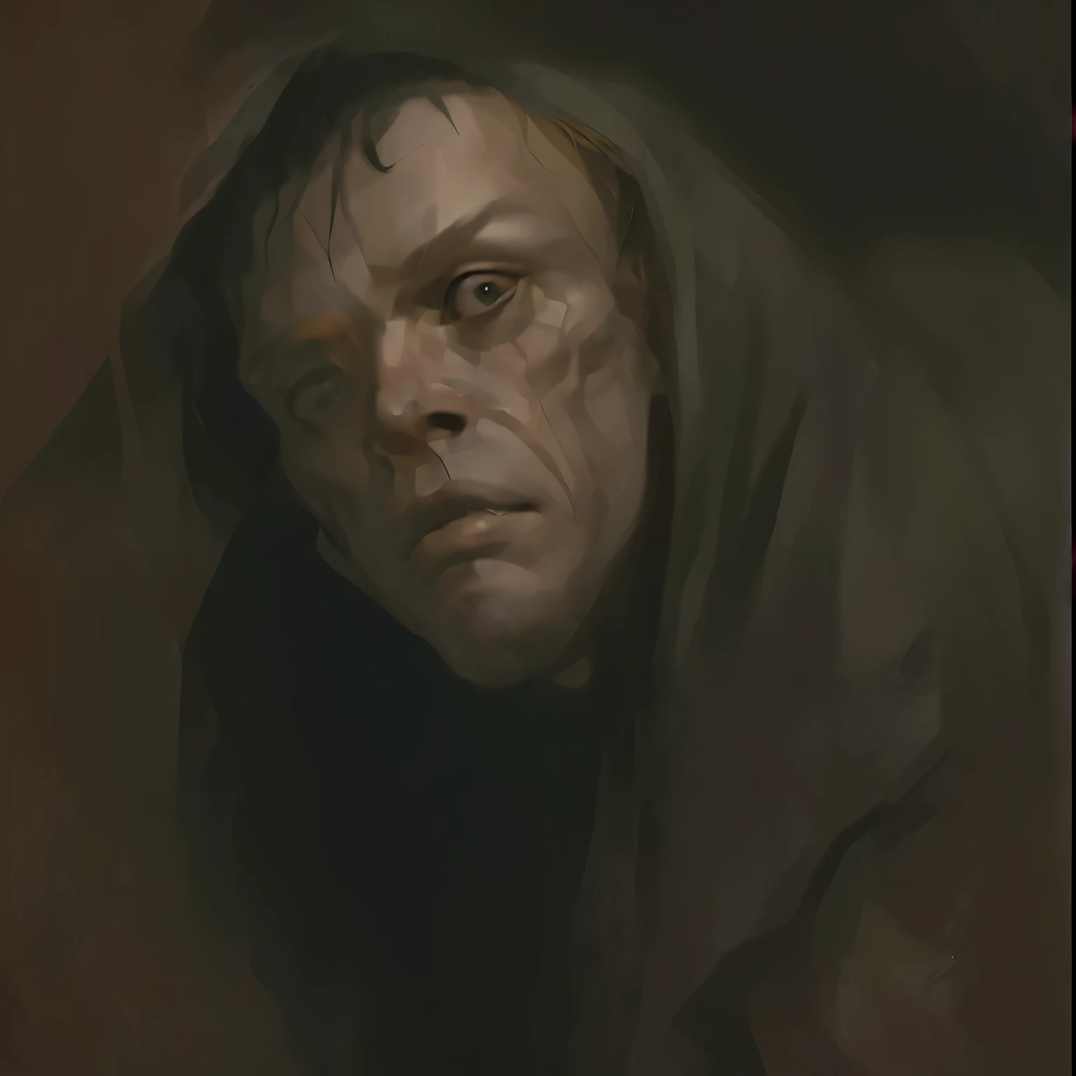 "A dark, biblical-style illustration of a man with a congenital disfigurement causing half of his face to sag as if the bone structure cannot hold the skin in place. The left side of his face droops significantly, with his left eye not symmetrical with the other, creating a surreal and haunting effect. He has a haunted expression, with hollow eyes and gaunt features. The lighting is dramatic and moody, casting deep shadows that emphasize the contours of his face, with the overall style featuring a mix of realism and painterly textures, with dark, muted colors and a slightly soft, yet detailed, focus similar to that of a cinematic fantasy artwork --ar 1:1."






