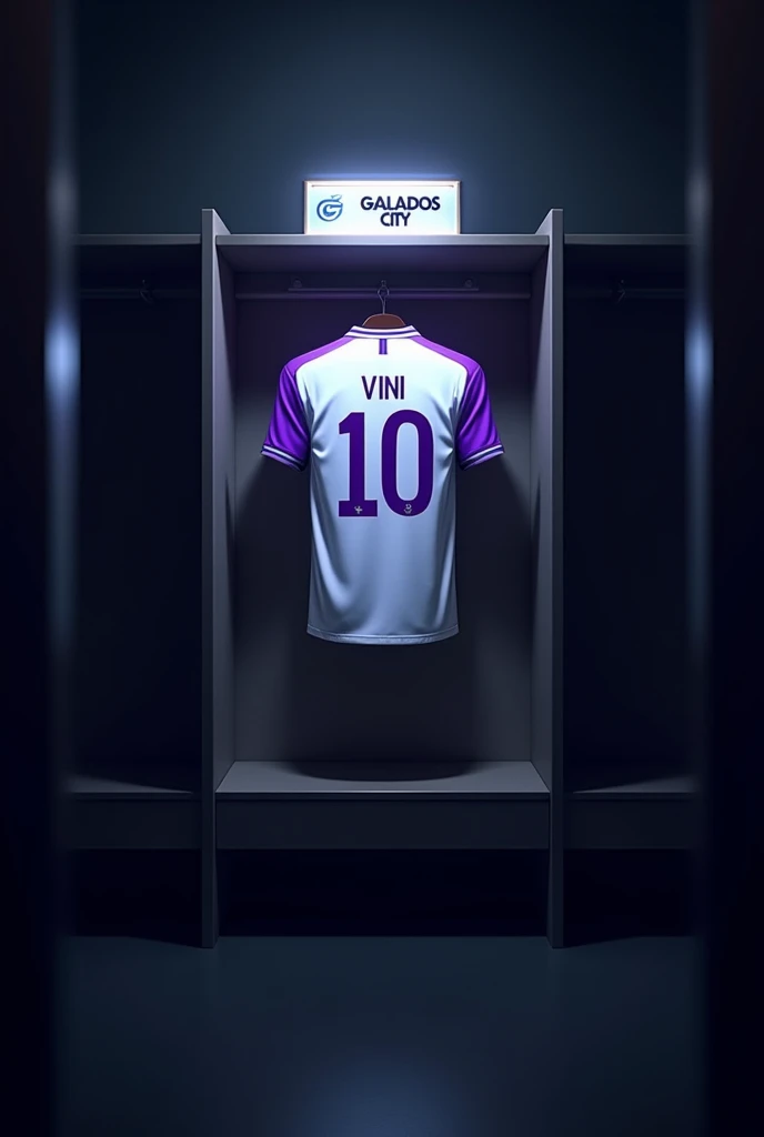 football locker room with a football player's cabin ( There should be no person in the image) In this cabin there will be a white shirt with purple details (minimalists) on the collar and sleeve the shirt must be showing the back with the name VINI highlighted and the shirt number must be number 10, the cabin at the top must contain the name of the club which is GALADOS CITY, all ambient light must be off, only the light of the sign with the name GALADOS CITY and a low light above the shirt indicating prominence must be on. (The image should be centered and not too far away)