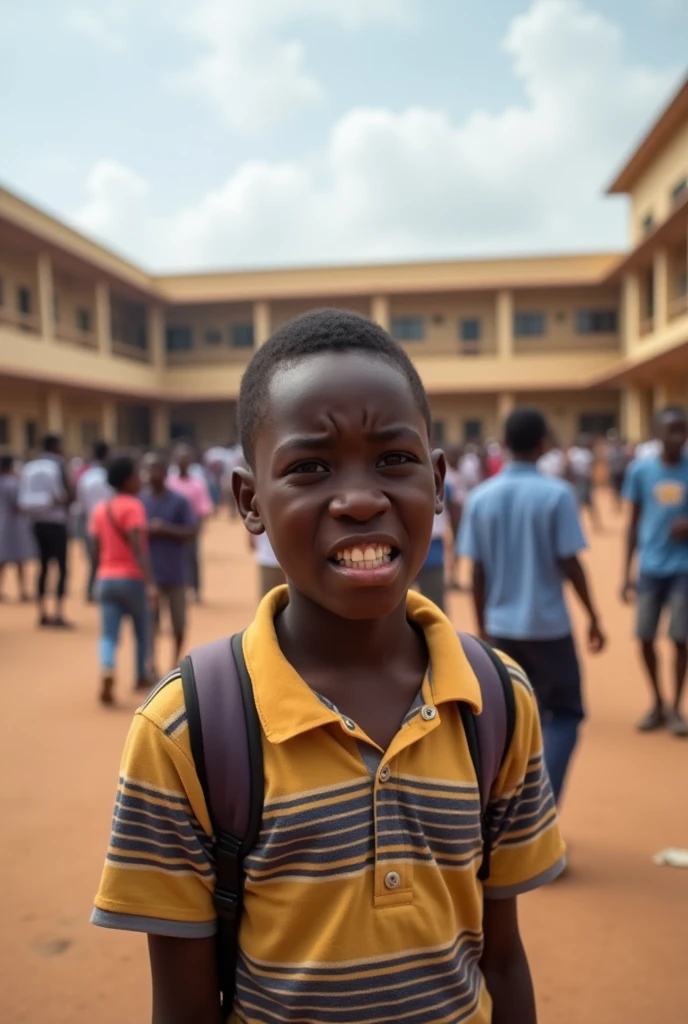photo de journal\(guleur\) a young Burkinabe high school student with an unhappy face exaggerating in a large courtyard filled with students outdoor courtyard of the school buildings
