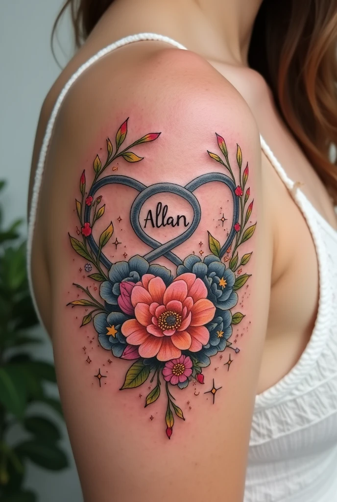 Tattoo with name Allan, infinity symbol with intertwined flowers , heart and stars