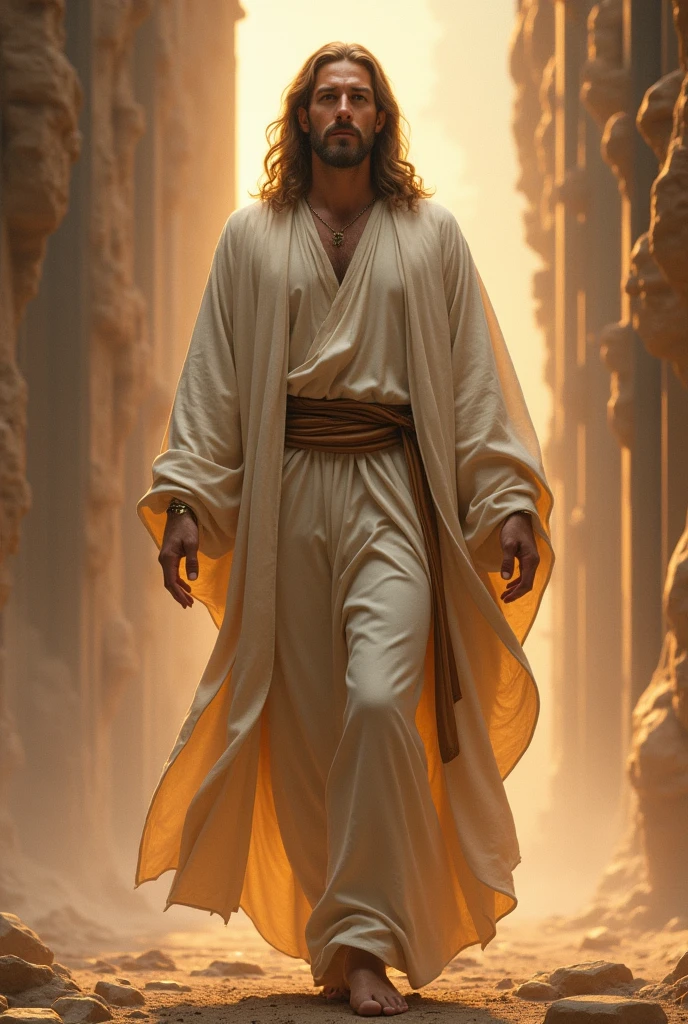 Create a sci-fi inspired image of Jesus Christ, as close to reality as possible, mixing traditional and futuristic elements. Jesus is portrayed with Middle Eastern features, wearing simple robes, but radiant, with subtle futuristic touches, like soft light patterns. He is in a serene and otherworldly environment, that combines elements of ancient landscapes with futuristic architecture. The expression on His face is one of deep compassion and wisdom., with a soft and welcoming light around you, symbolizing His divine presence. The image should evoke a feeling of peace, reverence and timeless spirituality, maintaining a realistic representation of Jesus.