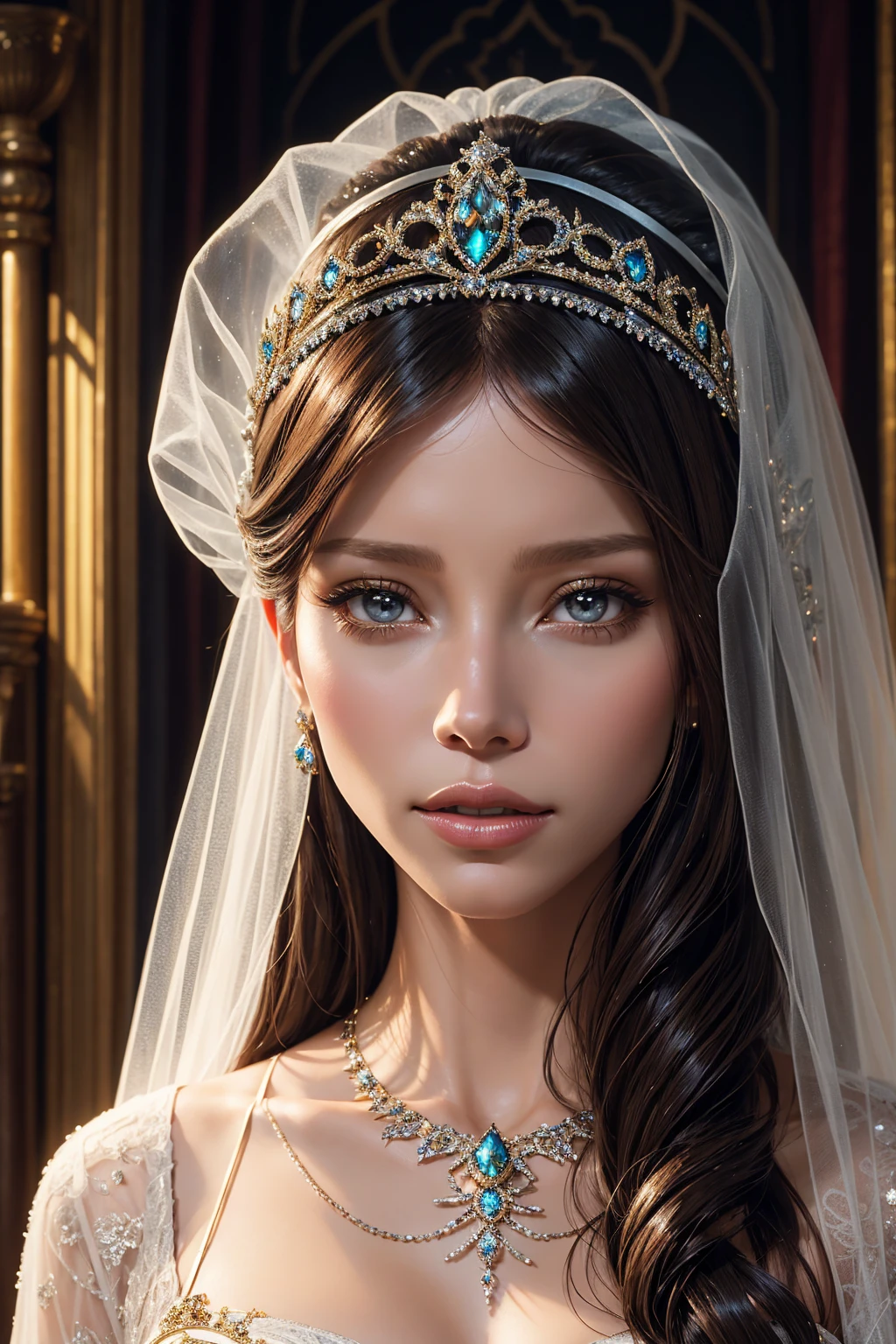 portrait Jessica Biel, wearing beauty veil bride tiara outfit, in the banquet hall, 6 0 3 0 s, bob hair, intricate, elegant, highly detailed, digital painting, artstation, concept art, smooth, sharp focus, illustration, art by thomas kindkade, charlie bowater, artgerm, greg rutkowski, alphonse mucha and alexandra fomina, 36k, glittering, shining