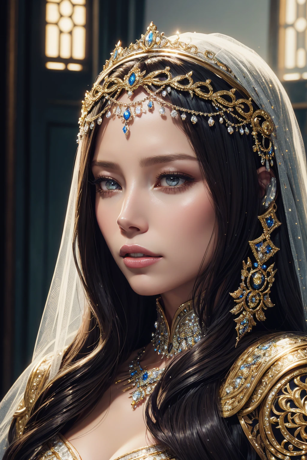 portrait Jessica Biel, wearing beauty veil bride tiara outfit, in the banquet hall, 6 0 3 0 s, bob hair, intricate, elegant, highly detailed, digital painting, artstation, concept art, smooth, sharp focus, illustration, art by thomas kindkade, charlie bowater, artgerm, greg rutkowski, alphonse mucha and alexandra fomina, 36k, glittering, shining