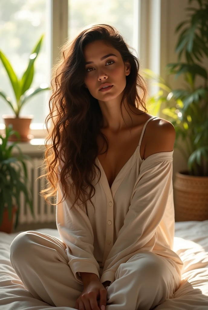 (photorealism:1.2), beautiful woman, sitting on bed, wearing loose off-shoulder top, pajama pants, long curly hair, indoors, soft lighting, plants in background, window with sunlight, cozy room, relaxed pose, realistic, intricate details, warm colors, by Greg Rutkowski, by Alphonse Mucha