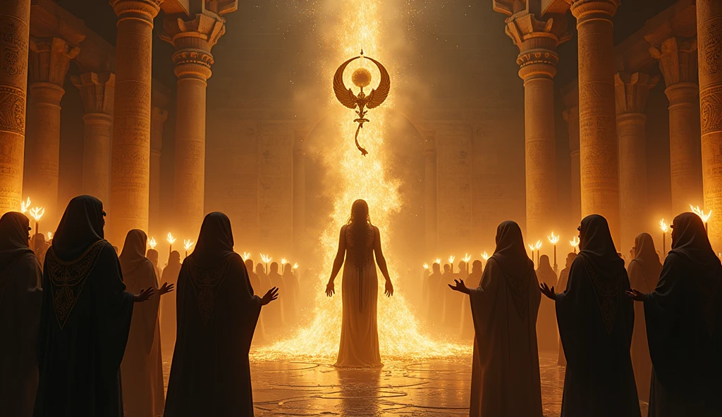 Inside a dark temple, lit by torchlight, Isis, accompanied by Anubis and Nephtys, is reassembling the body of Osiris using magical incantations. The scene is filled with an aura of mysticism and divine intervention.