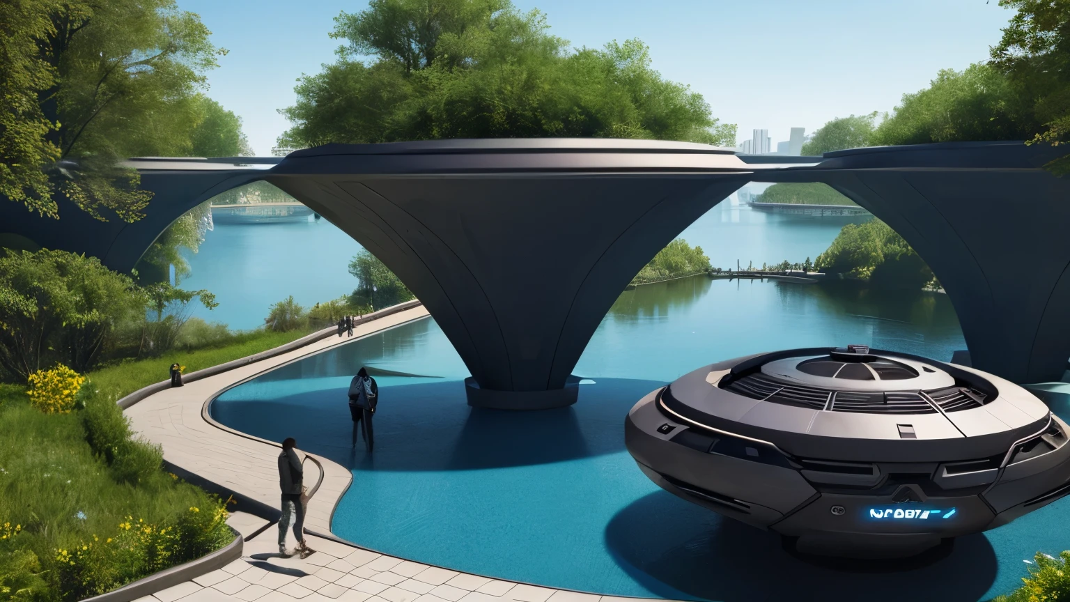 Science-Fiction, beautyful futuristic park, architecture, Interior design, cyberpunk, futuristic, See, People, hightech, Hard surface design, day lights, lots of technology, lots of electronics, very comfortable, ambient light, Realistic view, wide angle, Year 2224