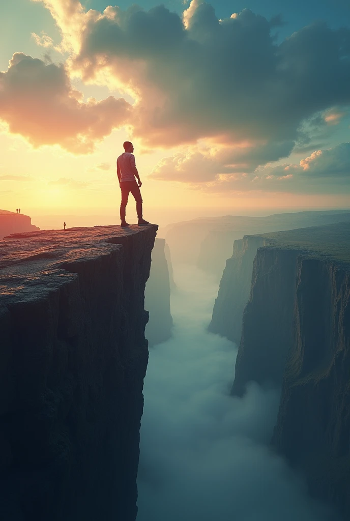 A striking image depicting a person standing at the edge of a cliff, ready to take a bold leap forward, symbolizing courage and the willingness to face challenges head-on. The individual is poised with determination, looking ahead towards a bright horizon, representing opportunity and growth. The background features a dramatic sky with a mix of clouds and sunlight, highlighting the tension between fear and hope. The colors should be vibrant yet balanced, with strong contrasts to emphasize the bravery and resolve needed to make tough decisions. The overall atmosphere should evoke a sense of inspiration and empowerment, encouraging viewers to embrace courage in their own lives."