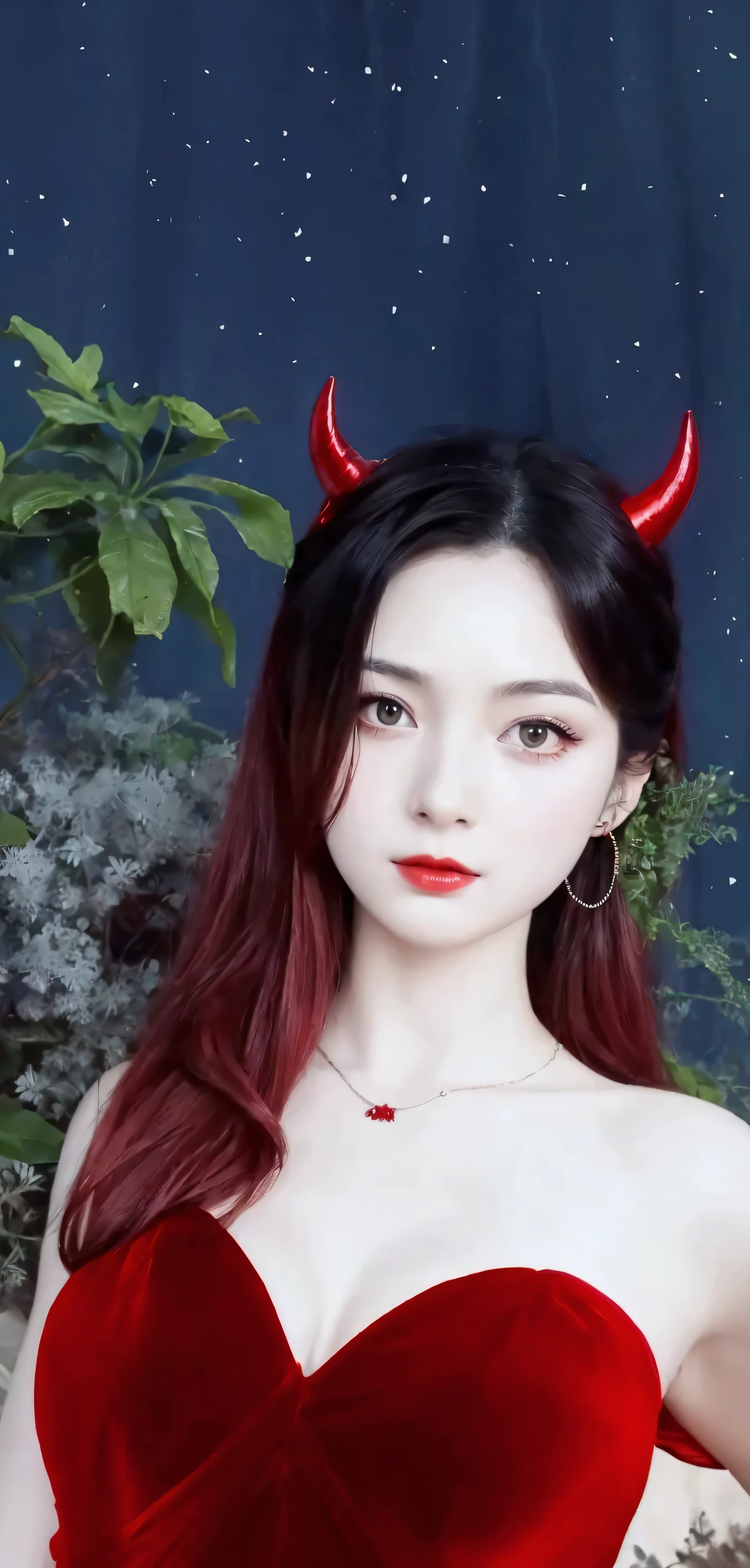 there is a cute woman in a red dress with horns on her head, realistic