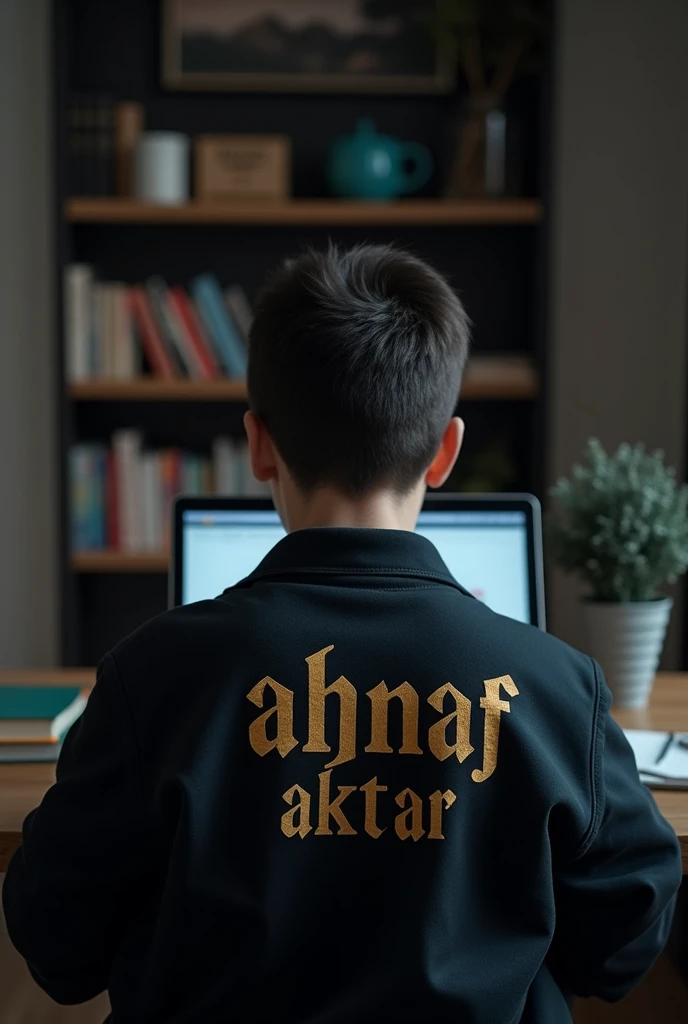 Create imagine of a 14-year-old boy working on a laptop, viewed from behind, wearing a jacket with the text "Ahnaf Aktar" written in a style inspired by the Harry Potter font. The environment is dark, with a clean room and books on a shelf.the picture should be from the back the text should be from back.the photo will be shtaright from back.text should be right in golden 
