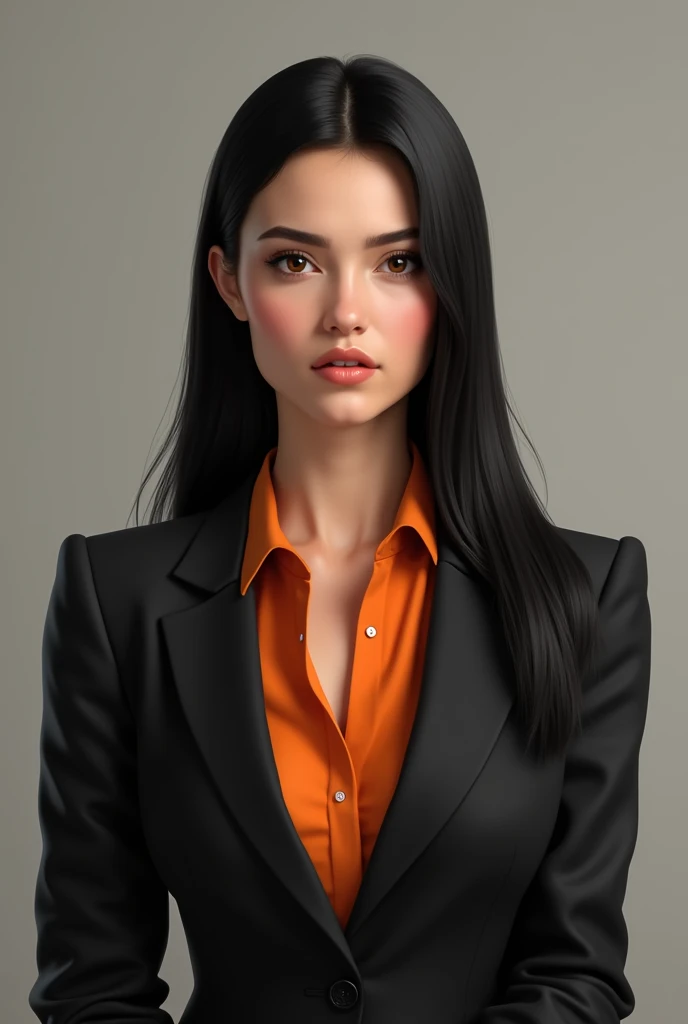 amateur portrait, realistic, dark brown eyes, (realistic eyes) administrative assistant, 2, Argentinean, straight black hair, wearing a black suit and an orange dress blouse