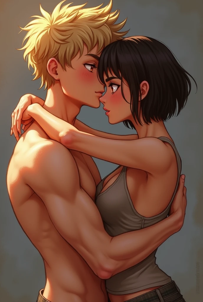 Amazing portrait of a cute goth woman with her short black hair in a bob hairstyle with heavy eyeliner around her eyes wearing an off shoulder t shirt that is orange and black with black bra straps kissing and making out passionately with a shirtless boy on the bed in an intimate setting