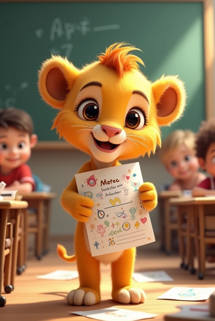 Baby lion at school hands out worksheets childishly drawn more drawn