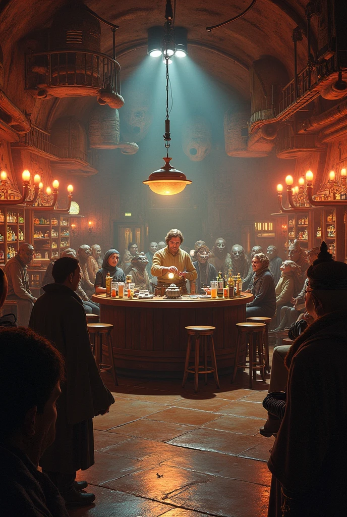 A catina bar from Star Wars, in the center of the room is the bar with the bartender, there are many different kinds of creatures, a band is on the side, good atmosphere