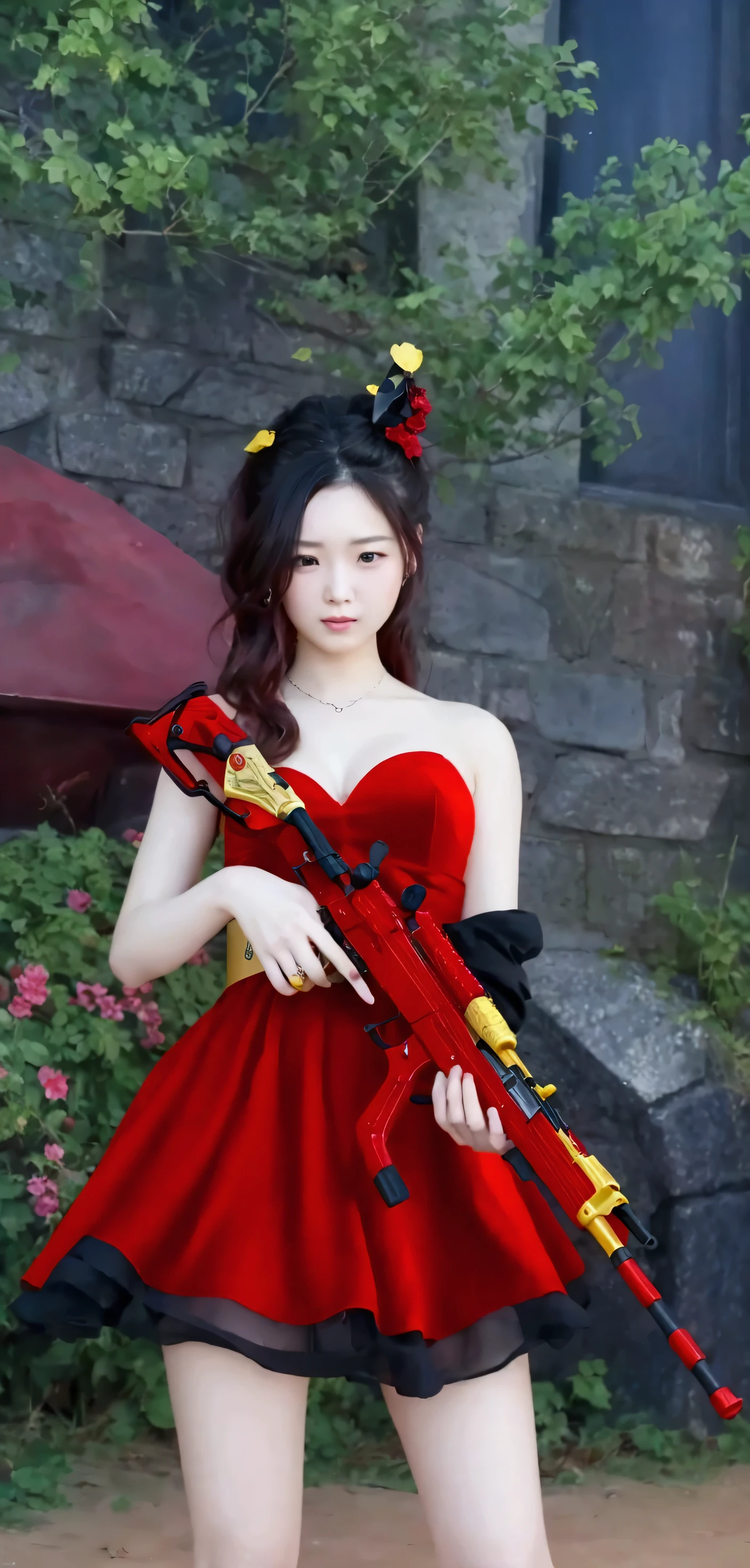 there is a cute woman in a red dress holding a red and yellow weapon,  realistic