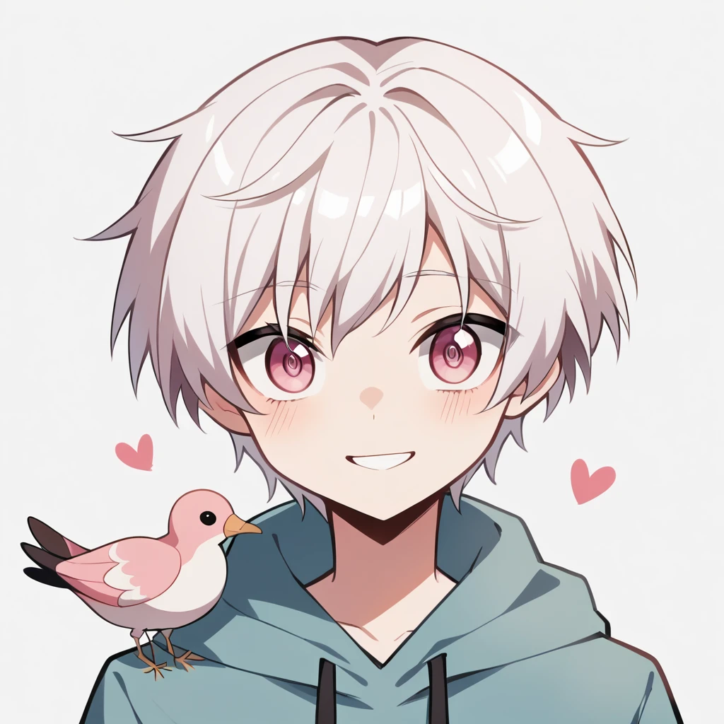 I boy, (white hair)(messy short hair) ((wearing oversized hoodie)) ((flamingo pink colour hoodie))((hair coming on forehead)) ((silky hair)) ((pink eyes)) (upper body) (cute) (smile) (blush) ((white hair)) (ken kaneki white hairstyle)