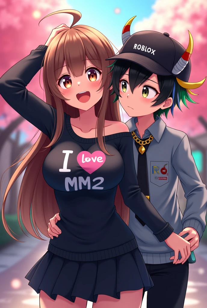 Anime style girl with brown hair with a black sweater that says i love mm2 with bare shoulders, long hair, black skirt, light pink cheeks, anime style, who has her hands on her head back and smiles and who has big breasts, long hair and where her breasts are noticeable and they look giant, accompanied by a boy with black hair with colored streaks of green, yellow, pink, blue, orange who has a sweater with a black tie, cheeks, who has light pink cheeks, anime style, smiling with a Roblox cap and gold and white horns and poses with her hands on her head back and a silver spicy chili necklace and a bag for her hips and he hugs the girl by the hip and her head on his shoulder