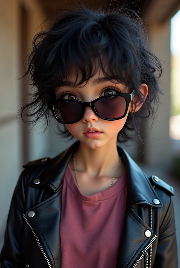 Cute teenage girl with large brown eyes and frizzy jet black hair wearing black sunglasses a dark pink t shirt and black leather jacket 