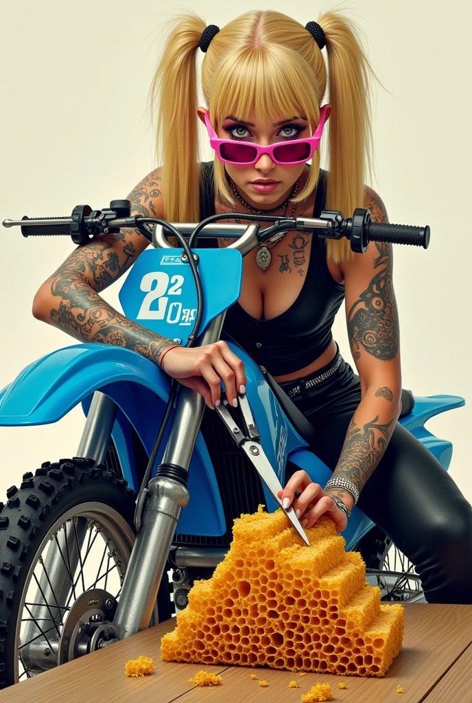 create a drawing of a blonde, tattooed, with long hair and pigtails, with pink glasses and black clothes, cutting honey with scissors on top of a blue dirt bike