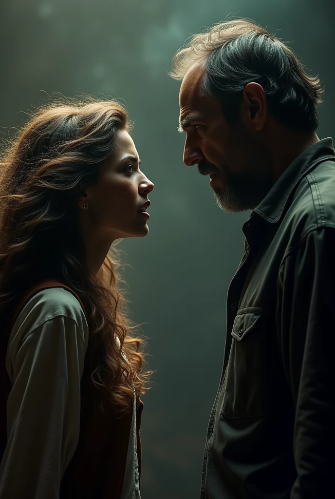 with long wavy hair yelling at tall dark-skinned father who is thinking about what is happening