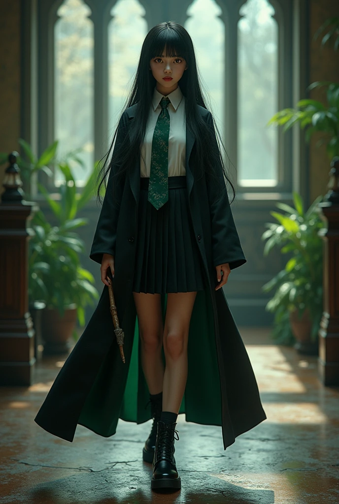 magic magic school。Snake House Student。White blouse。Green tie。Black knee-length pleated skirt。Black lace-up boots。Black robe with green lining。25cm wooden magic wand。Straight long black hair。Bangs。Hime cut hair。Crimson Eyes。Doll-like beauty。Mysterious beautiful girl。