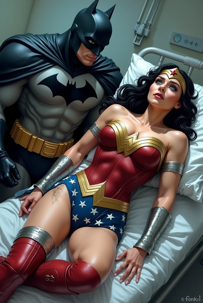 A toned athlete, muscular, blue eyes, black hair Wonder Woman in Wonder Woman’s tiara, red and gold bustier, blue leotard with white stars, ((silver wrist bracelets:1.2)), ((Red knee high boots:1.2)), golden belt with athletic and muscular body with tattered costumes lying on hospital bed with Batman watching over her