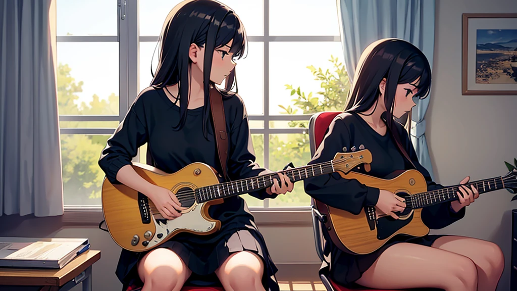 Create an image of a girl playing a guitar, sitting in a chair in profile, in front of the window in her room, calm atmosphere. Design the silhouette of the picture perfectly