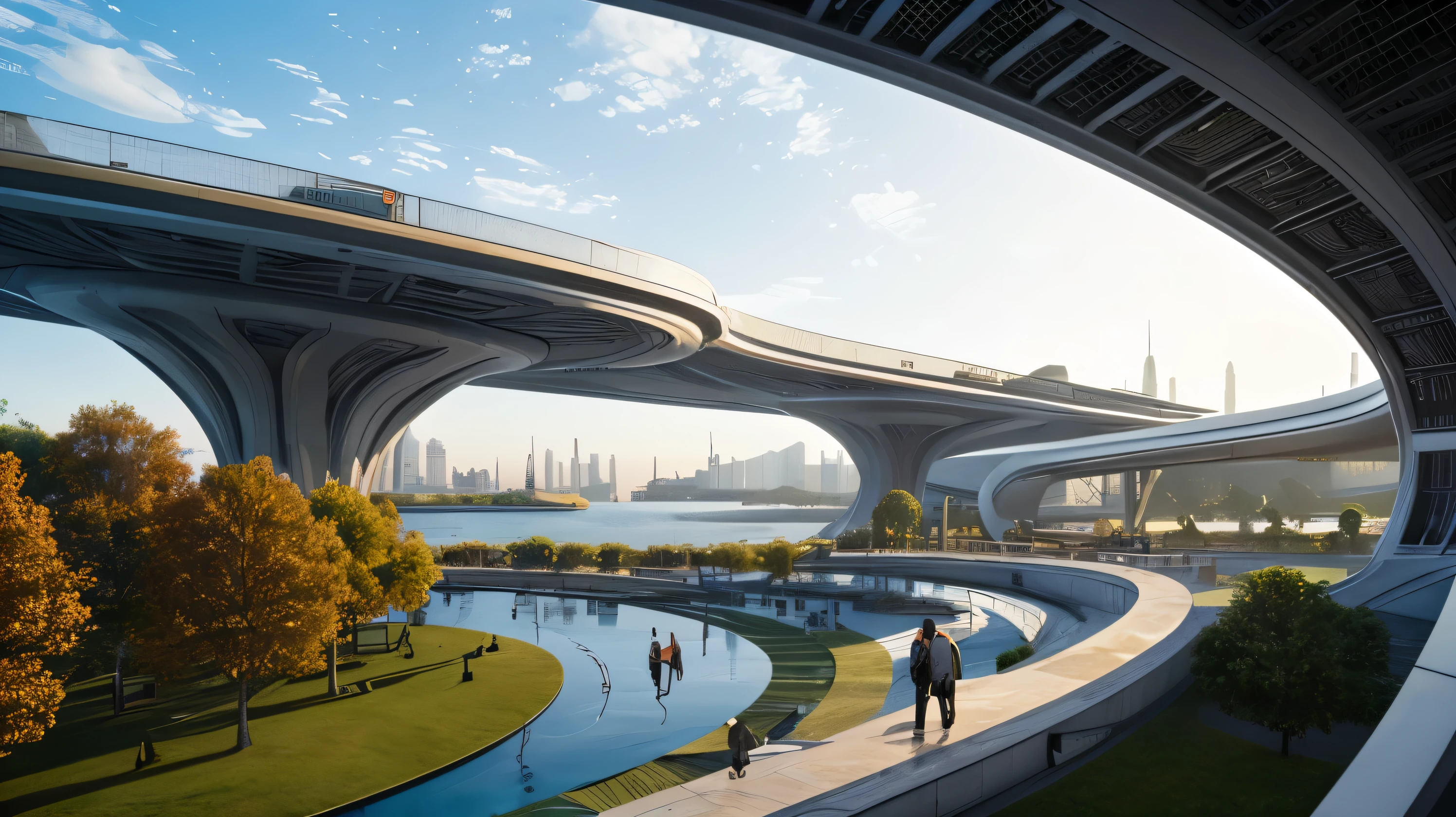 Science-Fiction, beautyful futuristic park, architecture, Interior design, cyberpunk, futuristic, See, People, hightech, Hard surface design, day lights, lots of technology, lots of electronics, very comfortable, ambient light, Realistic view, wide angle, Year 2224