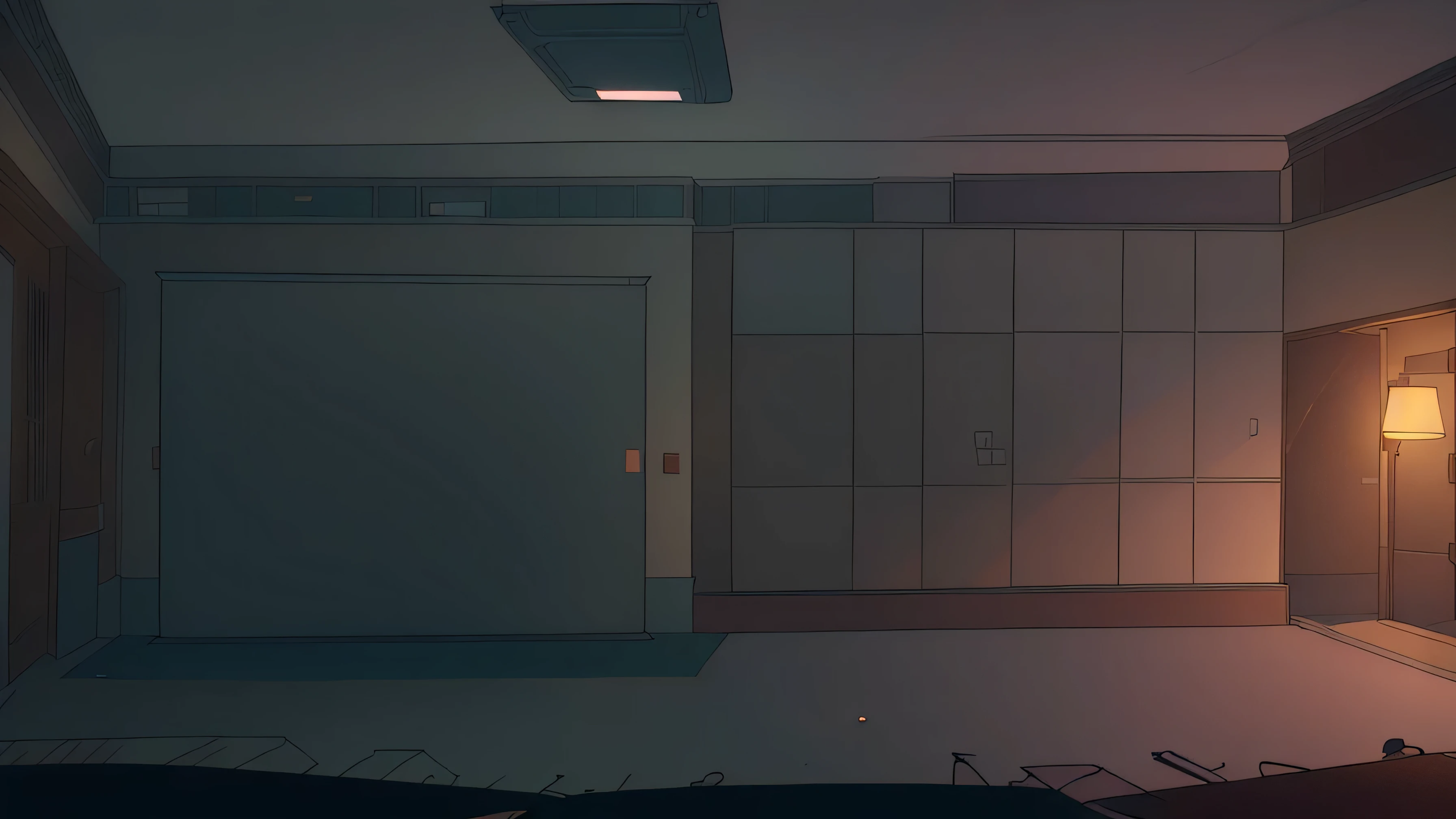there is a cartoon of a room with a desk and a television, personal room background, interior background art, background art, background artwork, point-and-click adventure game, background scene, an empty backroom at night, office background, backroom background, in a darkly lit laboratory room, low light room, cartoon moody scene