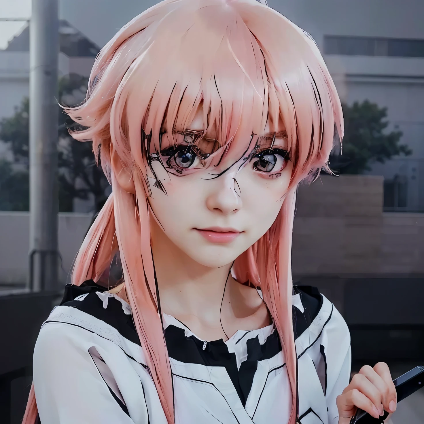 1girl, pink hair, white and black shirt, holding a mobile phone, anime style, young anime female character, okada megumi, sougo okita, cute anime girl, cel shaded anime, anime character, anime character named Lucy, yandere, tsubasa hanekawa, (best quality,4k,8k,highres,masterpiece:1.2),ultra-detailed,(realistic,photorealistic,photo-realistic:1.37),vibrant colors,intricate details,dynamic pose,beautiful eyes,detailed facial features,elegant fashion,soft lighting,atmospheric background