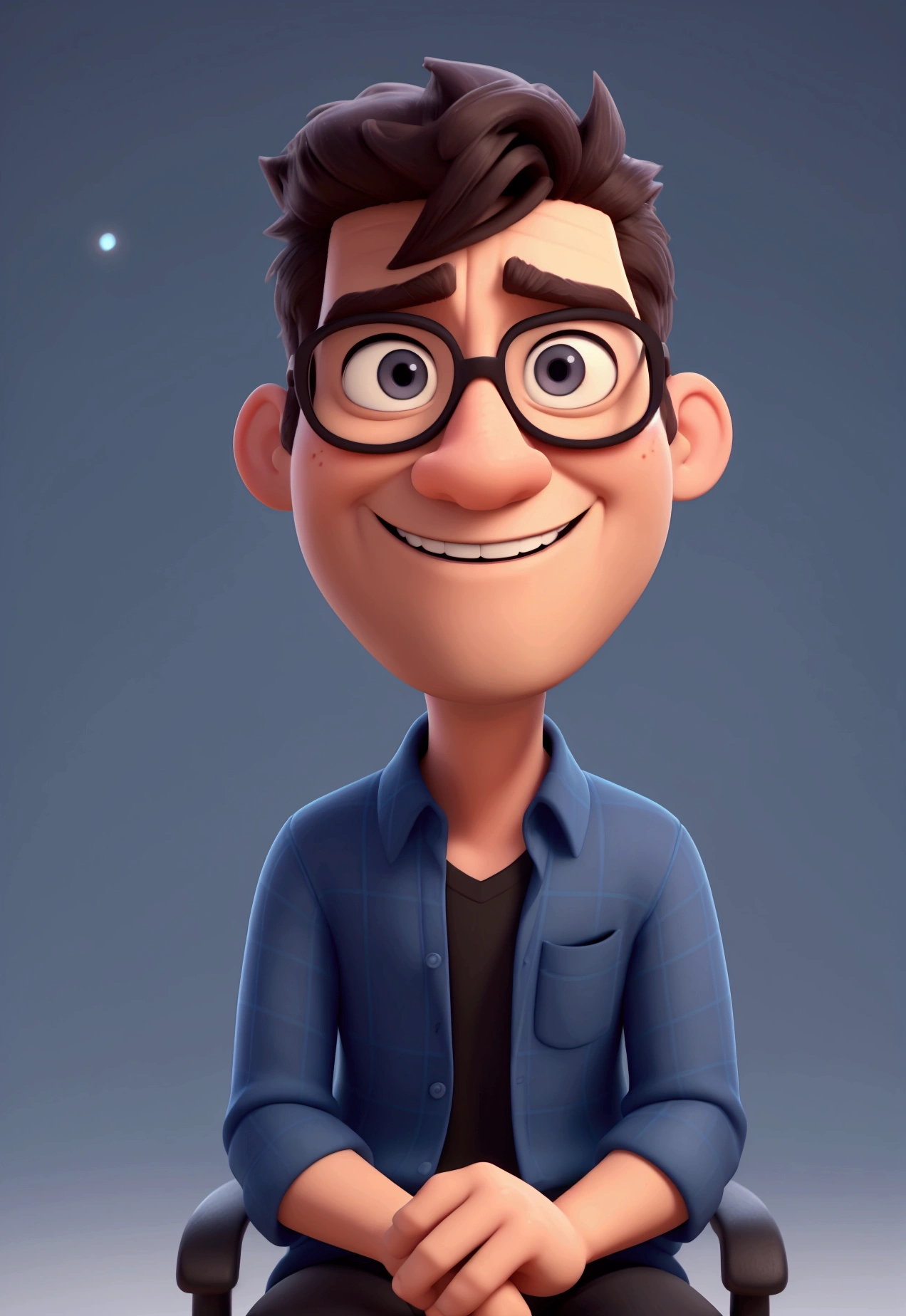 Cartoon character of a man in black glasses and blue shirt, an animated character, stylized character, animation style rendering, 3d stylized, Arnold Maya rendering, Stylized 3D rendering, toon render screenshot, 3d character, 3d character, Stylized 3D rendering, 3D character rendering, cartoon character, Personagem de close up, character posing, (Pixar-style) (master part:1.2) (bokeh) (best qualityer) (skin detailed) (detailed texture) (8k) (Argilla) (cinematic lighting) (sharp focus，Sit down and lift your upper body