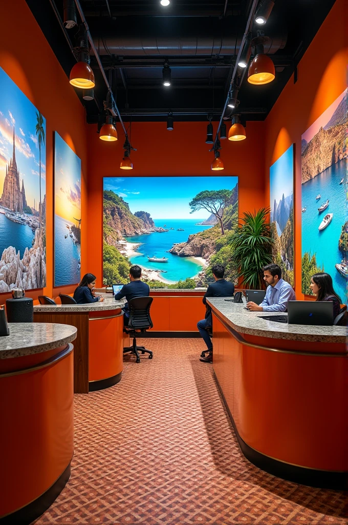Office in Pakistan with name of ''BLUORANGE TRAVELS LAHORE '' make sure its ''BLUORANGE'' not blueorange and lots of traveling posters 