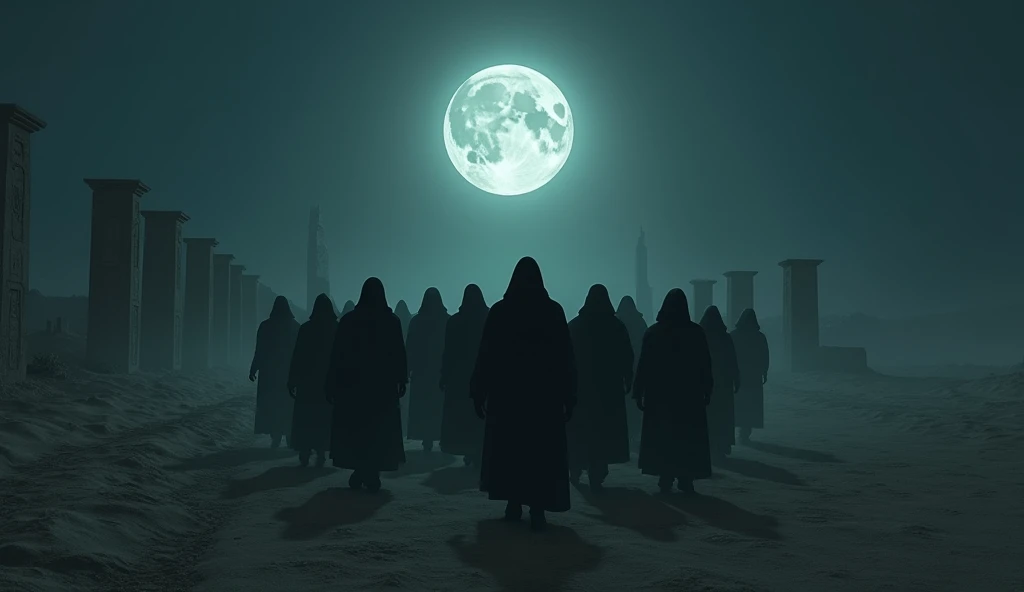 A shadowy image showing hooded figures walking in formation across a nighttime desert, suggesting a hidden conspiracy. In the background, a full moon dimly illuminates ancient ruins, setting an tone of mystery and impending danger.